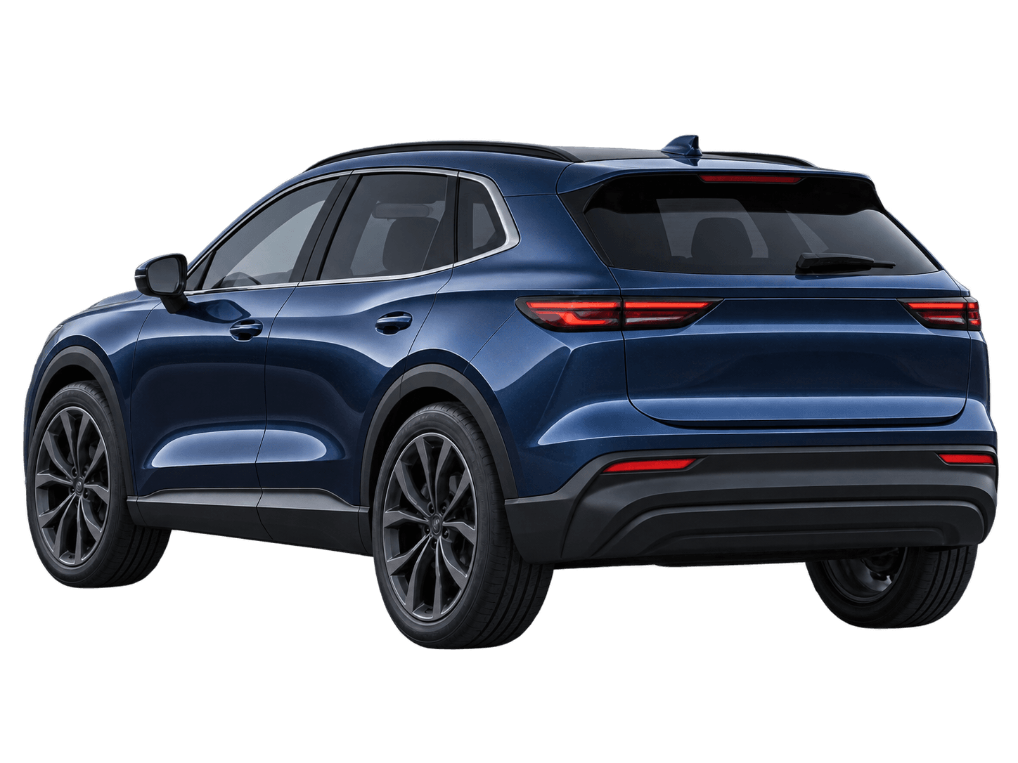 Rear three-quarter of the premium dark blue SUV