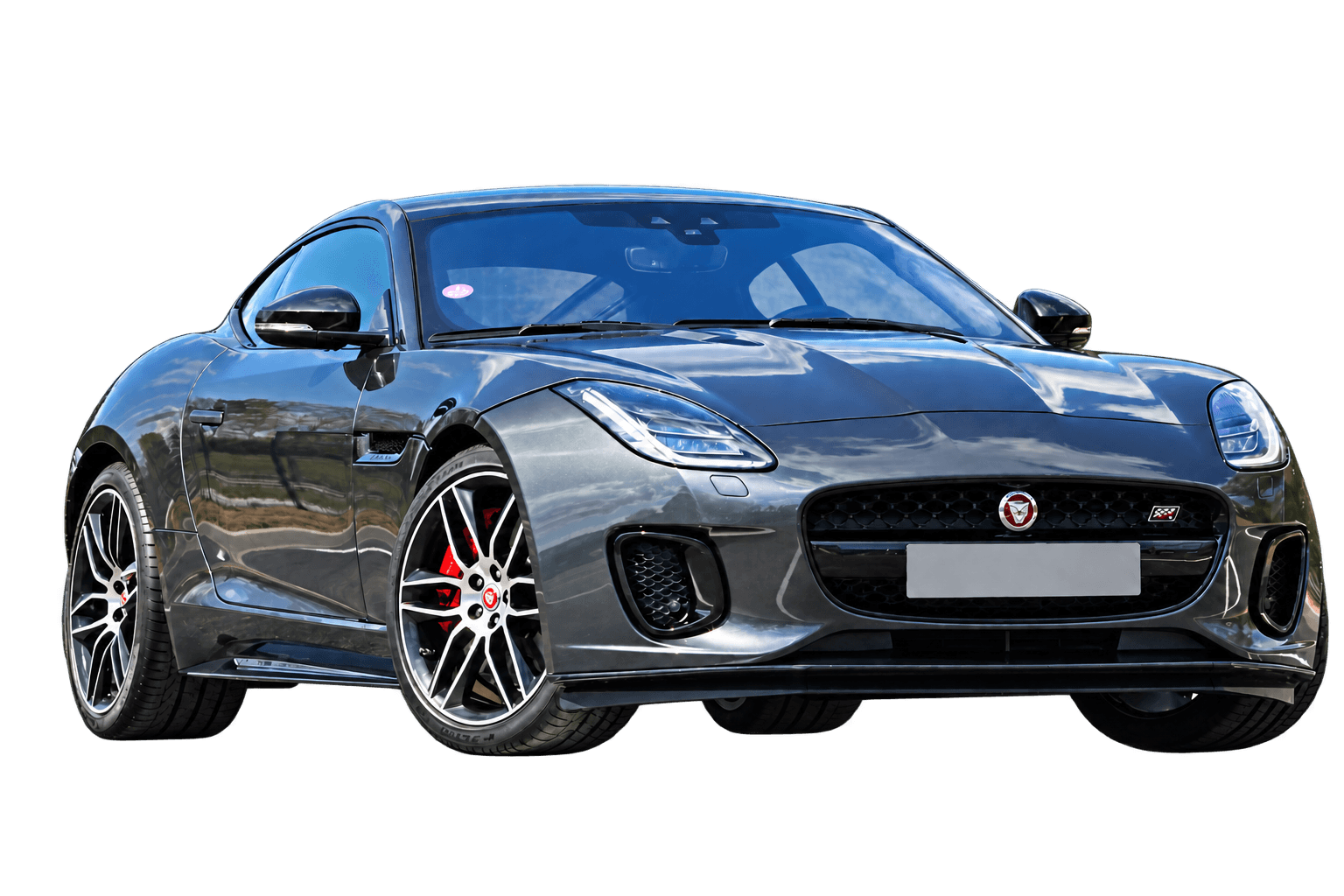 Transparent cutout of a gray Jaguar F-Type with its license plate masked