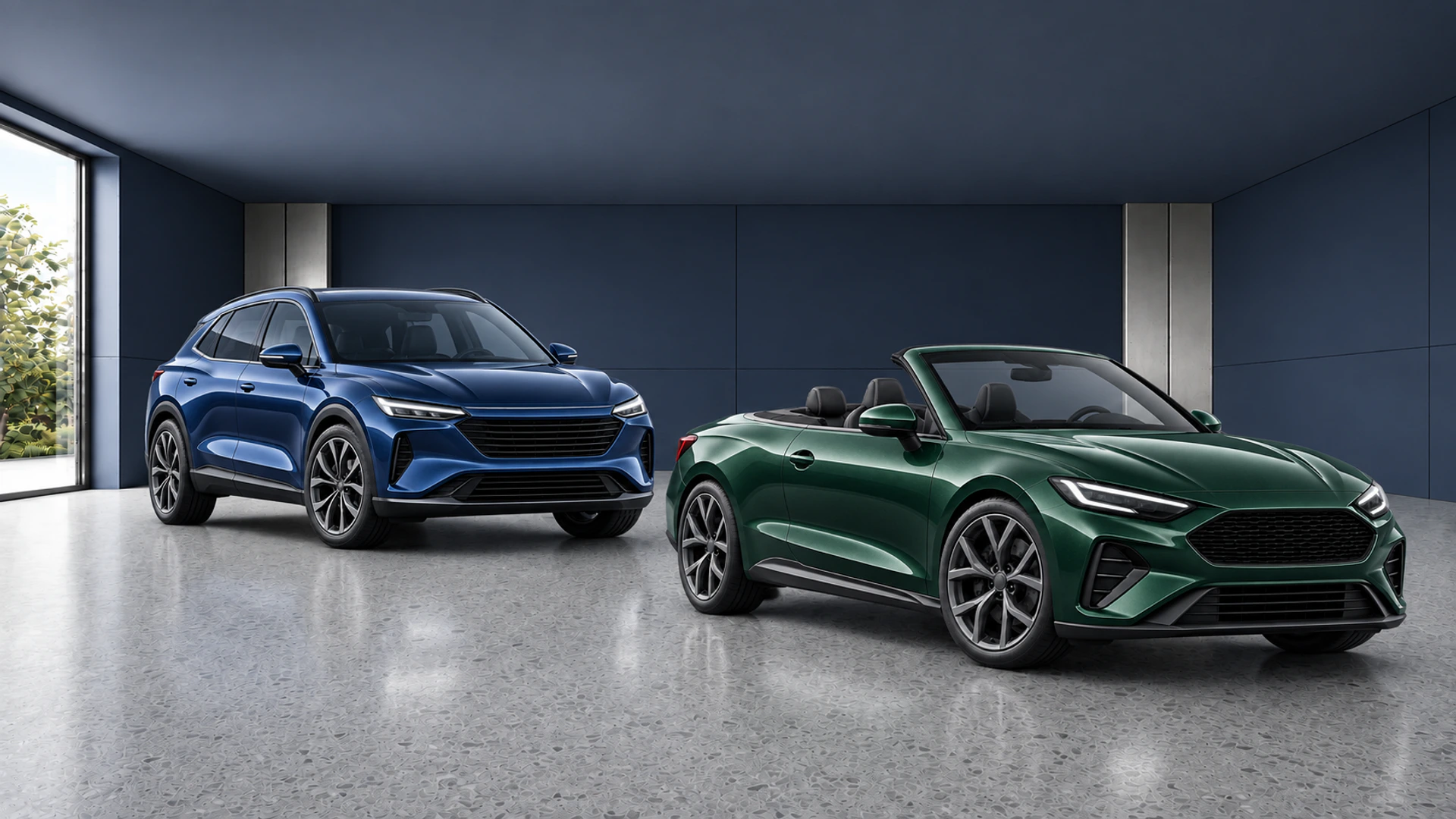 Blue premium SUV and forest-green convertible displayed in a dark TrakarIA showroom